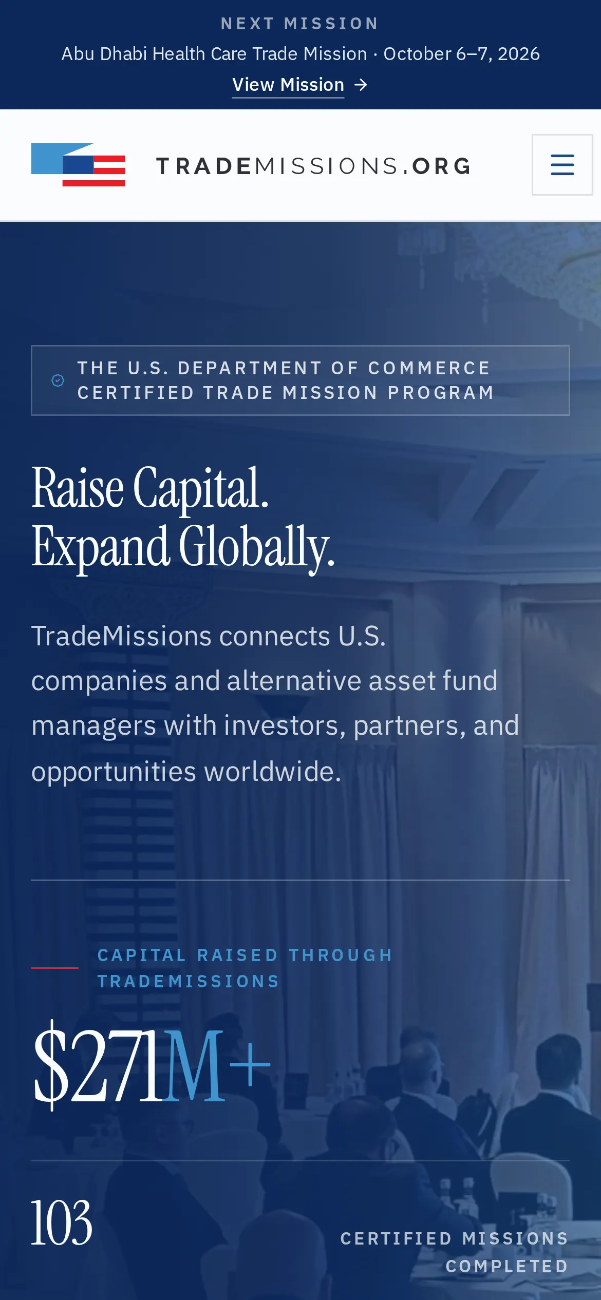 TradeMissions finished page on a phone, website designed by SmartReach AI