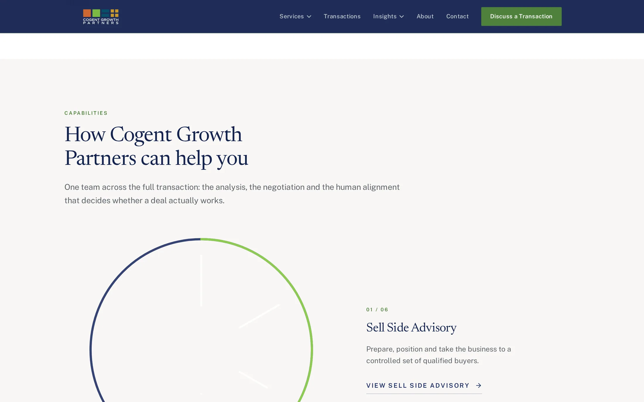Cogent Growth Partners advisory section, website designed by SmartReach AI