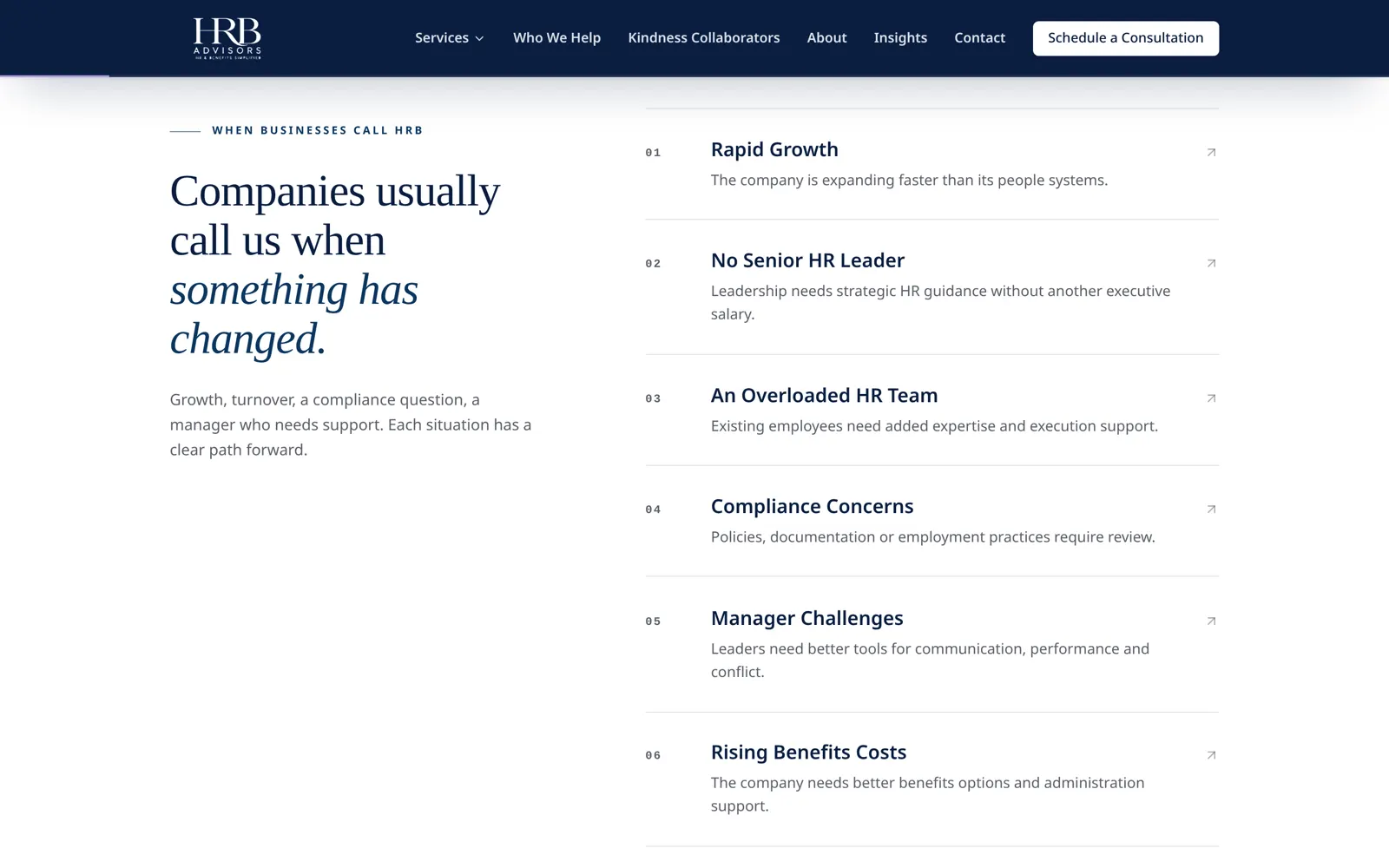 HRB Advisors positioning section, website designed by SmartReach AI