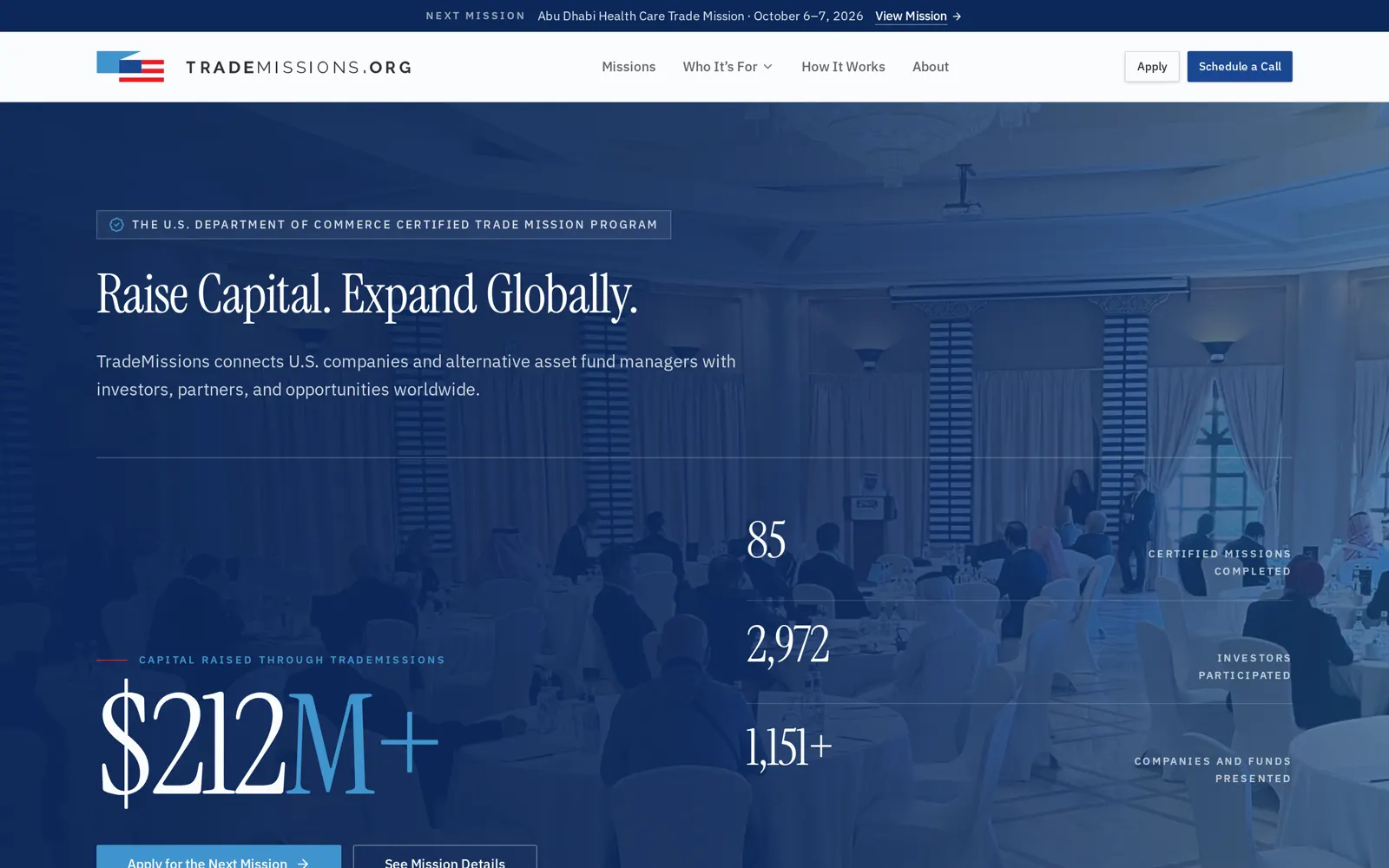 TradeMissions mission block, website designed by SmartReach AI