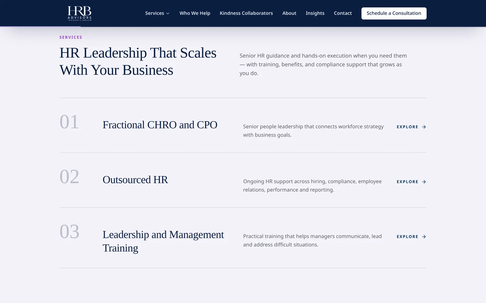 HRB Advisors service structure, website designed by SmartReach AI