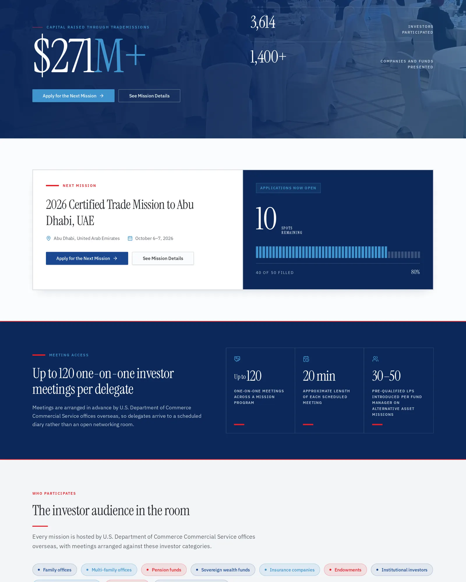 TradeMissions full page scroll, website designed by SmartReach AI